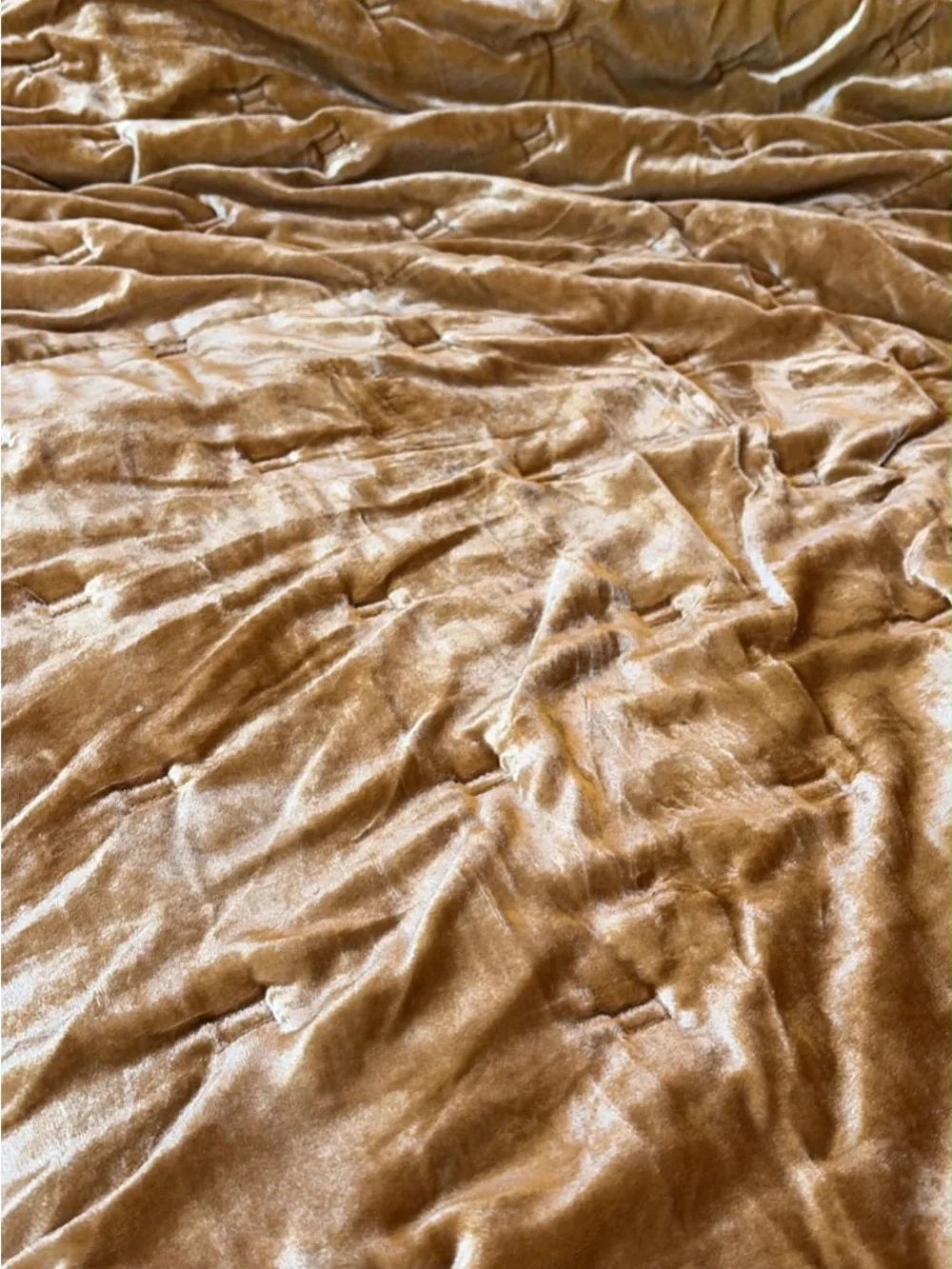 West Elm Golden Velvet Quilt and shams set, matching yellow cushions and throw